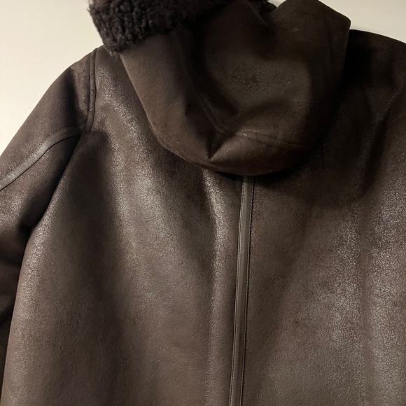 Calvin Klein brown faux leather shearling trimmed hooded coat - Picture 8 of 13
